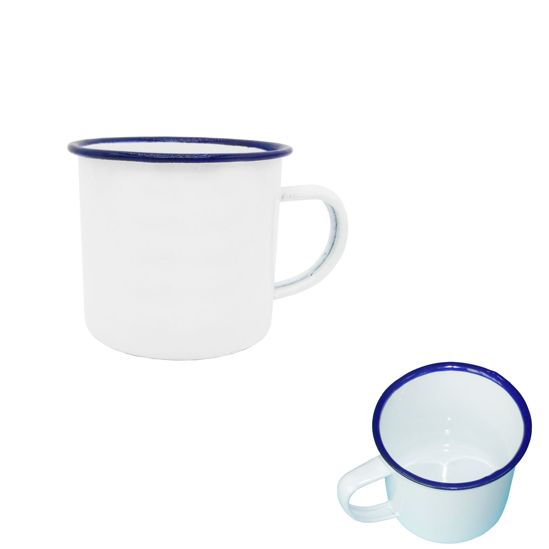 GL-AAA1101 12oz. (380ml) Enamel + Steel Camping Mug White Body Blue Rim