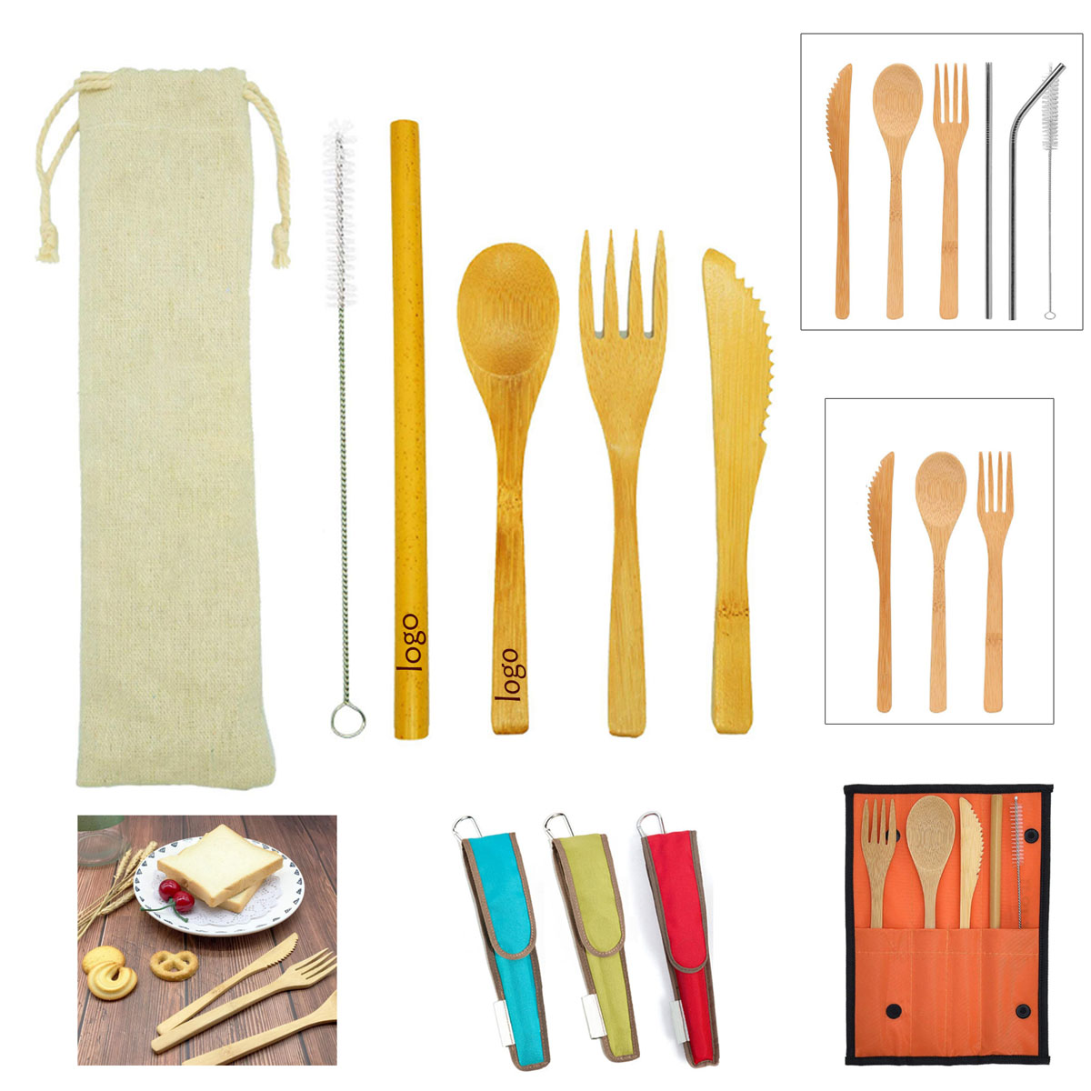 GL-JJJ1006 Reusable Bamboo Spoon Fork Knife Utensils Set with Drawstring Bag