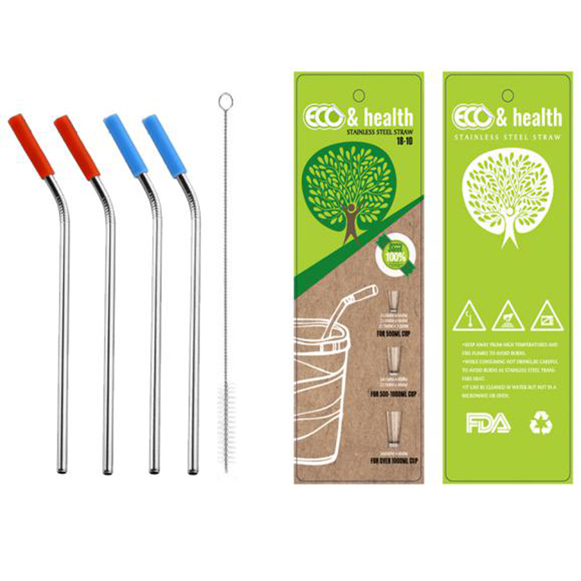 GL-ELY1268 5 in 1 Curved Stainless Steel Straw Set with Blister Package